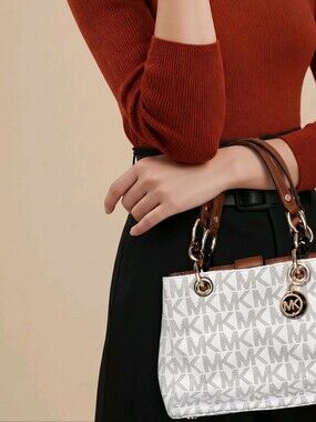 Michael Kors White Signature Canvas Satchel with Brown Trim